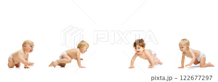 Babies crawling in various directions, some looking forward, others turning heads, illustrating movement, energy, determination, capturing early stages of mobility. Babies crawling in various directions, some looking forward, others turning heads, illustrating movement, energy, determination, capturing early stages of mobility. 122677297