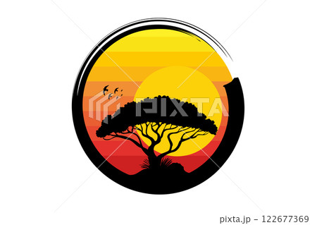 Acacia tree logo silhouette, African Safari sunset icon, Nature, exotic plant for printing, design or digital art. Black round circle symbol isolated on white background  122677369