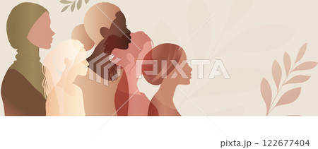 Group silhouette of multicultural women. Women s history month. International women s day. Banner copy space. Empowerment inclusion - Diversity - equality - or girl power concept Group silhouette of multicultural women. Women s history month. International women s day. Banner copy space. Empowerment inclusion - Diversity - equality - or girl power concept 122677404