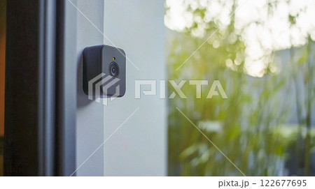 Security system indoors in a smart home with light living room interior. Modern technologies for property. Automatic system. Internet of things. This is AI-generated item 122677695