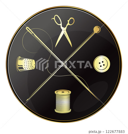 Round gold sign with needle and sewing accessories Round gold sign with needle and sewing accessories 122677883