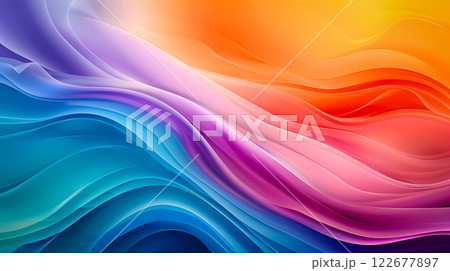 Abstract background texture depicting a spectrum of different bright yellow, pink, blue, violet colors. Wavy vivid pattern. Multicolored 3D render. This is AI-generated item 122677897