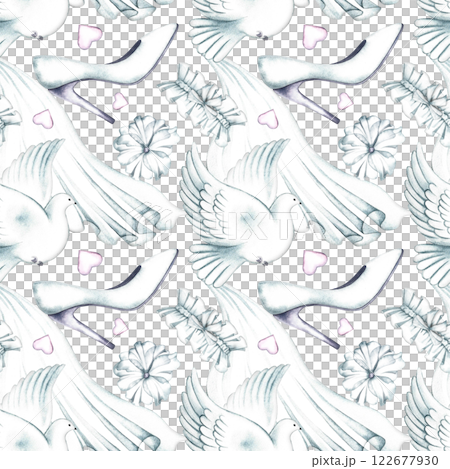 Seamless wedding pattern with doves, shoes, garters and bridal veil. A hand-drawn watercolor illustration. On a white background. Great for textiles, wallpaper, wrapping paper, wedding backgrounds. Seamless wedding pattern with doves, shoes, garters and bridal veil. A hand-drawn watercolor illustration. On a white background. Great for textiles, wallpaper, wrapping paper, wedding backgrounds. 122677930