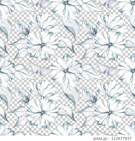Seamless pattern with delicate white flowers and leaves. Handmade watercolor illustration. On a white background. Great for textiles, wallpaper, wrapping paper, wedding backdrops and more. 122677937