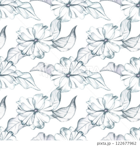 Seamless pattern with delicate white flowers and leaves. Handmade watercolor illustration. On a white background. Great for textiles, wallpaper, wrapping paper, wedding backdrops and more. Seamless pattern with delicate white flowers and leaves. Handmade watercolor illustration. On a white background. Great for textiles, wallpaper, wrapping paper, wedding backdrops and more. 122677962