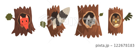 Animal Character in Hollow Tree Trunk Vector Set 122678183