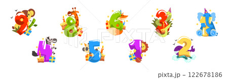 Happy Animal with Bright Number as Anniversary Celebration Vector Set Happy Animal with Bright Number as Anniversary Celebration Vector Set 122678186