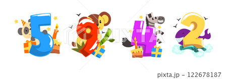 Happy Animal with Bright Number as Anniversary Celebration Vector Set 122678187