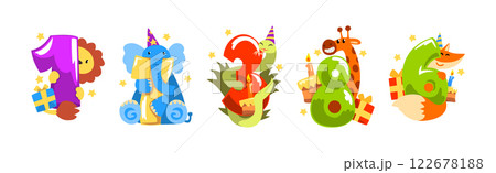Happy Animal with Bright Number as Anniversary Celebration Vector Set 122678188