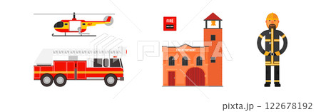 Firefighter Man Character and Emergency Equipment Vector Set 122678192