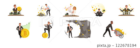 Business Man Extracting Cryptocurrency Golden Bitcoin Vector Set 122678194