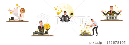 Business Man Extracting Cryptocurrency Golden Bitcoin Vector Set Business Man Extracting Cryptocurrency Golden Bitcoin Vector Set 122678195