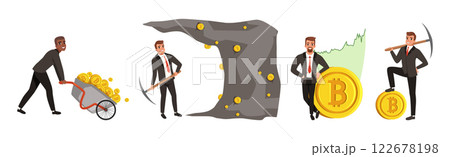 Business Man Extracting Cryptocurrency Golden Bitcoin Vector Set 122678198