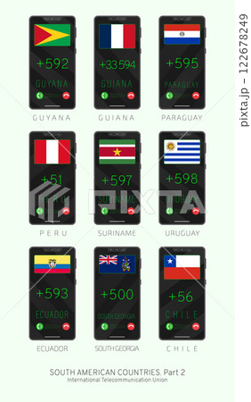Set of vector illustrations of international country codes and flags of SOUTH AMERICAN COUNTRIES . Part 2. Set of vector illustrations of international country codes and flags of SOUTH AMERICAN COUNTRIES . Part 2. 122678249