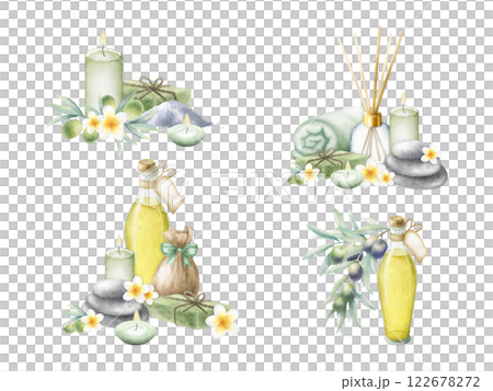 Olive oil, aleppo soap, candles, sack with sea salt, terrycloth towel, olives, stack pebbles, aroma diffuser and plumeria flowers. Hand drawn watercolor isolated set compositions of cosmetics for spa. 122678272