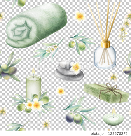 Olive soap aleppo, rolled up towel, candles, aroma diffuser, stack pebbles, frangipani flowers and olive branches. Hand drawn watercolor isolated seamless pattern for packaging and spa salon design. 122678273