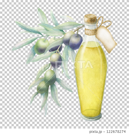 Olive oil in glass bottle with cork and label. Lush branch with green and black olives. Hand drawn watercolor isolated illustration for food production, oil bottle label, mediterranean cuisine design. Olive oil in glass bottle with cork and label. Lush branch with green and black olives. Hand drawn watercolor isolated illustration for food production, oil bottle label, mediterranean cuisine design. 122678274