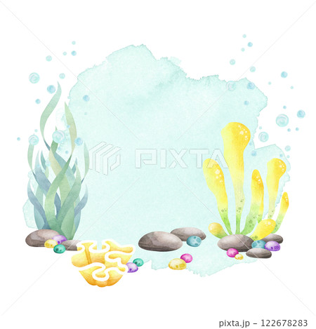 Seaweed, coral, pebbles, stones, algae watercolor isolated illustration in cartoon style. Hand drawn composition with copy space in yellow, lilac and green colors for kids marine and nautical design. Seaweed, coral, pebbles, stones, algae watercolor isolated illustration in cartoon style. Hand drawn composition with copy space in yellow, lilac and green colors for kids marine and nautical design. 122678283
