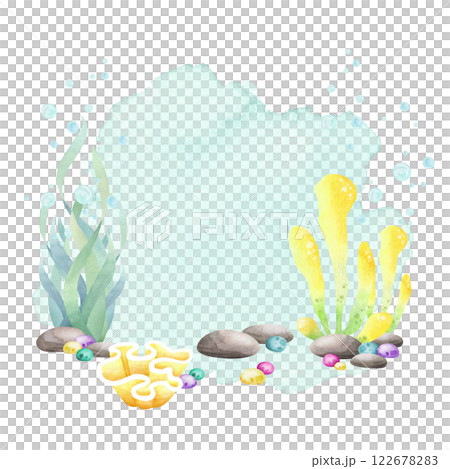 Seaweed, coral, pebbles, stones, algae watercolor isolated illustration in cartoon style. Hand drawn composition with copy space in yellow, lilac and green colors for kids marine and nautical design. Seaweed, coral, pebbles, stones, algae watercolor isolated illustration in cartoon style. Hand drawn composition with copy space in yellow, lilac and green colors for kids marine and nautical design. 122678283