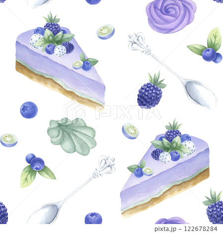 Cakes with blueberry, blackberry and mint, marshmallow and silver spoons watercolor isolated seamless pattern. Hand drawn illustration in purple and green color for kitchen textile, design of pastry. Cakes with blueberry, blackberry and mint, marshmallow and silver spoons watercolor isolated seamless pattern. Hand drawn illustration in purple and green color for kitchen textile, design of pastry. 122678284