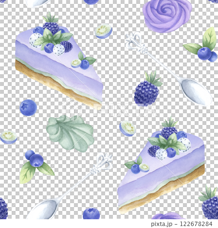 Cakes with blueberry, blackberry and mint, marshmallow and silver spoons watercolor isolated seamless pattern. Hand drawn illustration in purple and green color for kitchen textile, design of pastry. Cakes with blueberry, blackberry and mint, marshmallow and silver spoons watercolor isolated seamless pattern. Hand drawn illustration in purple and green color for kitchen textile, design of pastry. 122678284