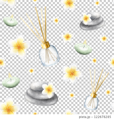 Aroma diffuser, candles, plumeria flowers and stack pebbles. Hand drawn watercolor isolated seamless pattern with frangipani for banner or backdrop, packaging paper, textile, fabric, spa salon design. Aroma diffuser, candles, plumeria flowers and stack pebbles. Hand drawn watercolor isolated seamless pattern with frangipani for banner or backdrop, packaging paper, textile, fabric, spa salon design. 122678285
