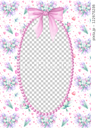 Vertical postcard template with bouquets of pink and lilac tulip, bow and necklace. Hand draw watercolor isolated illustration with empty space for text for Mother and Women Day design, greeting card. Vertical postcard template with bouquets of pink and lilac tulip, bow and necklace. Hand draw watercolor isolated illustration with empty space for text for Mother and Women Day design, greeting card. 122678286