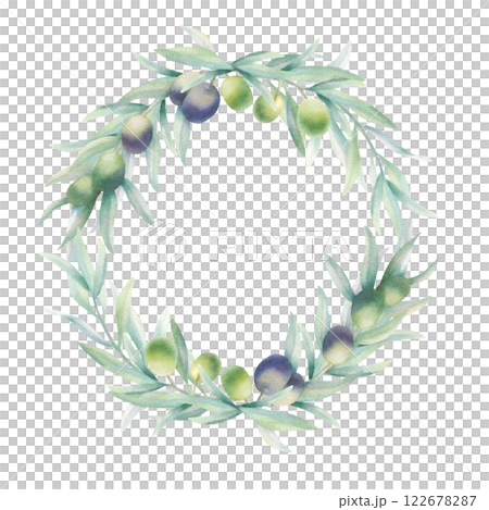 Olive tree branch with fruit and green leaves. Watercolor round wreath frame isolated on white in realistic style. Hand drawn botanical illustration for product label, logo, greeting, wedding card. Olive tree branch with fruit and green leaves. Watercolor round wreath frame isolated on white in realistic style. Hand drawn botanical illustration for product label, logo, greeting, wedding card. 122678287