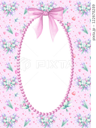 Vertical postcard template with bouquets of pink and lilac tulip, bow and necklace. Hand draw watercolor isolated illustration with empty space for text for Mother and Women Day design, greeting card. Vertical postcard template with bouquets of pink and lilac tulip, bow and necklace. Hand draw watercolor isolated illustration with empty space for text for Mother and Women Day design, greeting card. 122678289