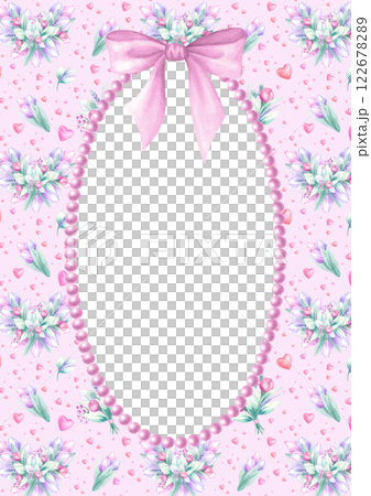 Vertical postcard template with bouquets of pink and lilac tulip, bow and necklace. Hand draw watercolor isolated illustration with empty space for text for Mother and Women Day design, greeting card. Vertical postcard template with bouquets of pink and lilac tulip, bow and necklace. Hand draw watercolor isolated illustration with empty space for text for Mother and Women Day design, greeting card. 122678289