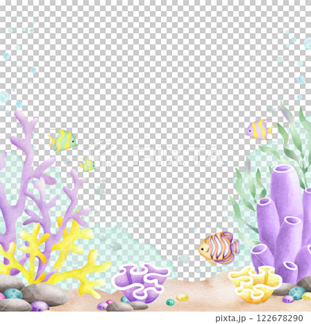 Seabed with fishes, seaweed, corals, pebbles, stones, bubbles watercolor isolated square frame with copy space in cartoon style. Hand drawn ocean bottom in yellow, lilac and green colors for designs. Seabed with fishes, seaweed, corals, pebbles, stones, bubbles watercolor isolated square frame with copy space in cartoon style. Hand drawn ocean bottom in yellow, lilac and green colors for designs. 122678290