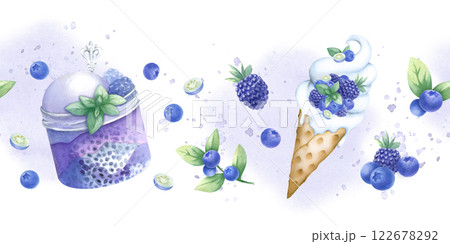 Ice cream and dessert in glass jar with blueberry, blackberry, whipped cream, chia seeds and mint. Hand draw watercolor isolated seamless border. Horizontal banner of dessert for patisserie design. Ice cream and dessert in glass jar with blueberry, blackberry, whipped cream, chia seeds and mint. Hand draw watercolor isolated seamless border. Horizontal banner of dessert for patisserie design. 122678292