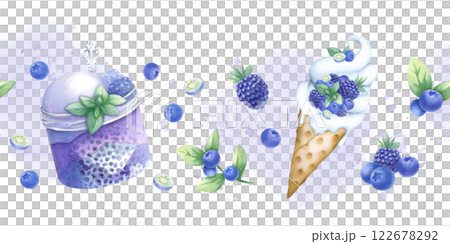Ice cream and dessert in glass jar with blueberry, blackberry, whipped cream, chia seeds and mint. Hand draw watercolor isolated seamless border. Horizontal banner of dessert for patisserie design. Ice cream and dessert in glass jar with blueberry, blackberry, whipped cream, chia seeds and mint. Hand draw watercolor isolated seamless border. Horizontal banner of dessert for patisserie design. 122678292