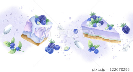 Cakes with blueberry, blackberry and mint, wild berries and silver spoons watercolor isolated seamless border. Hand draw horizontal banner of desserts in purple and green color for patisserie design. Cakes with blueberry, blackberry and mint, wild berries and silver spoons watercolor isolated seamless border. Hand draw horizontal banner of desserts in purple and green color for patisserie design. 122678293