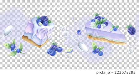Cakes with blueberry, blackberry and mint, wild berries and silver spoons watercolor isolated seamless border. Hand draw horizontal banner of desserts in purple and green color for patisserie design. Cakes with blueberry, blackberry and mint, wild berries and silver spoons watercolor isolated seamless border. Hand draw horizontal banner of desserts in purple and green color for patisserie design. 122678293