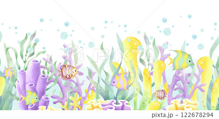 Seaweed, corals, tropical fish, watercolor isolated seamless border in cartoon style. Hand drawn sea underwater horizontal banner in yellow, lilac and green color for kids marine and nautical design. Seaweed, corals, tropical fish, watercolor isolated seamless border in cartoon style. Hand drawn sea underwater horizontal banner in yellow, lilac and green color for kids marine and nautical design. 122678294