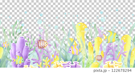 Seaweed, corals, tropical fish, watercolor isolated seamless border in cartoon style. Hand drawn sea underwater horizontal banner in yellow, lilac and green color for kids marine and nautical design. Seaweed, corals, tropical fish, watercolor isolated seamless border in cartoon style. Hand drawn sea underwater horizontal banner in yellow, lilac and green color for kids marine and nautical design. 122678294