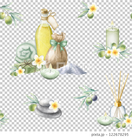 Olive oil, soap aleppo, sea salt, rolled up towel, candles, frangipani flowers and olive branches. Hand drawn watercolor isolated seamless pattern for packaging, textile, fabrics and spa salon design. Olive oil, soap aleppo, sea salt, rolled up towel, candles, frangipani flowers and olive branches. Hand drawn watercolor isolated seamless pattern for packaging, textile, fabrics and spa salon design. 122678295