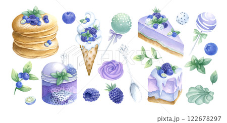 Pancakes, cakes, blueberry, blackberry, ice cream, marshmallows, cake pops, candies and whipped cream with silver spoon. Hand draw watercolor isolated illustration set of desserts for bakery, pastry. 122678297
