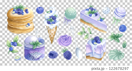 Pancakes, cakes, blueberry, blackberry, ice cream, marshmallows, cake pops, candies and whipped cream with silver spoon. Hand draw watercolor isolated illustration set of desserts for bakery, pastry. 122678297