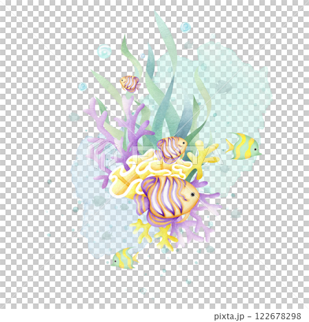 Coral reef with colorful fish, seaweed, bubbles watercolor isolated illustration in cartoon style. Hand drawn ocean bottom in yellow, lilac and green color for baby shower, nautical and marine design. 122678298