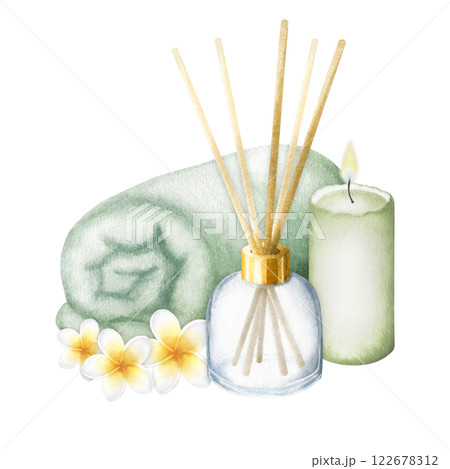 Spa towel, aroma diffuser, candle and plumeria flowers. Hand drawn watercolor isolated illustration of skin care products, frangipani. Drawing of eco cosmetics, toiletries for bodycare for spa design. Spa towel, aroma diffuser, candle and plumeria flowers. Hand drawn watercolor isolated illustration of skin care products, frangipani. Drawing of eco cosmetics, toiletries for bodycare for spa design. 122678312