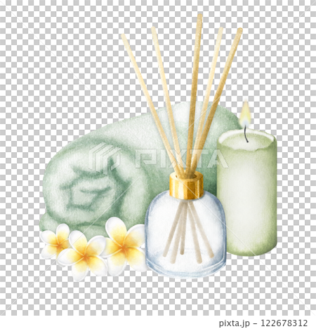 Spa towel, aroma diffuser, candle and plumeria flowers. Hand drawn watercolor isolated illustration of skin care products, frangipani. Drawing of eco cosmetics, toiletries for bodycare for spa design. 122678312