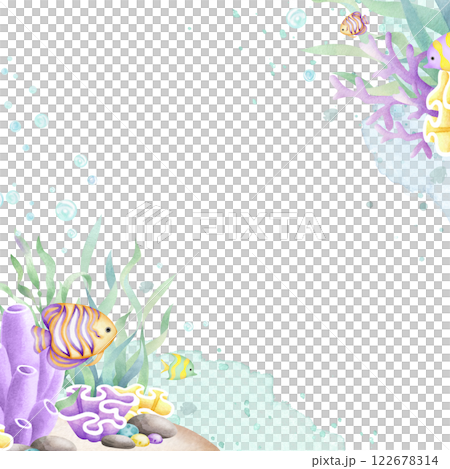 Seabed with fishes, seaweed, corals, pebbles, stones, bubbles watercolor isolated square frame with copy space in cartoon style. Hand drawn ocean bottom in yellow, lilac and green colors for designs. 122678314