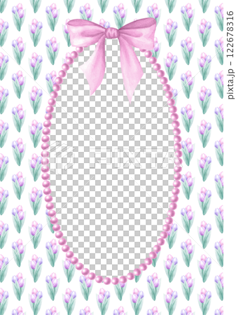 Vertical postcard template with bouquets of pink and lilac tulip, bow and necklace. Hand draw watercolor isolated illustration with empty space for text for Mother and Women Day design, greeting card. 122678316