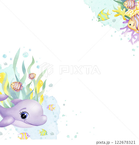 Dolphin, fishes, seaweed, corals and bubbles watercolor isolated square frame with copy space in cartoon style. Hand drawn colorful ocean bottom in green, yellow, lilac colors for kids marine design. 122678321