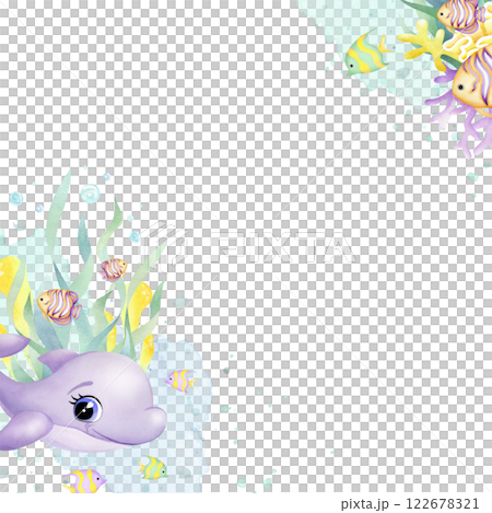 Dolphin, fishes, seaweed, corals and bubbles watercolor isolated square frame with copy space in cartoon style. Hand drawn colorful ocean bottom in green, yellow, lilac colors for kids marine design. 122678321