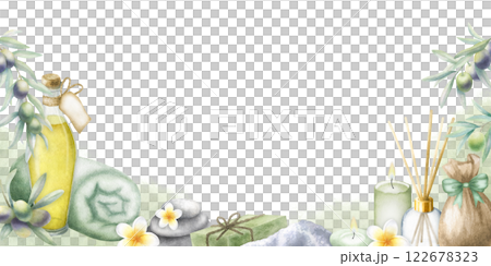 Olive oil and branches, sack with sea salt, candles, stack pebbles, towel, aroma diffuser, plumeria and soap. Hand drawn watercolor isolated rectangular frame with copy space. Banner for spa design. Olive oil and branches, sack with sea salt, candles, stack pebbles, towel, aroma diffuser, plumeria and soap. Hand drawn watercolor isolated rectangular frame with copy space. Banner for spa design. 122678323