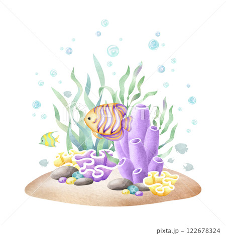 Seabed with fish, seaweed, coral, pebbles, stones, bubbles watercolor isolated illustration in cartoon style. Hand drawn ocean bottom in yellow, lilac and green colors for nautical and marine designs. 122678324