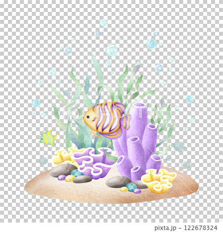 Seabed with fish, seaweed, coral, pebbles, stones, bubbles watercolor isolated illustration in cartoon style. Hand drawn ocean bottom in yellow, lilac and green colors for nautical and marine designs. 122678324